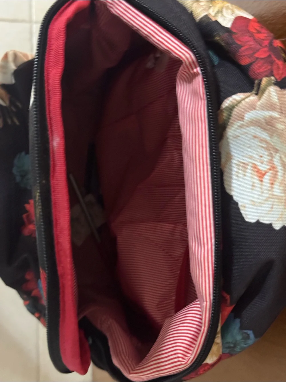 Herschel Supply Company Black Floral Backpack with Red & Teal Accents